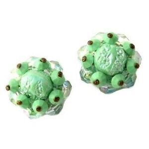 Vintage Green & Ab Beaded Cluster Floral Made in Austria Clip-On Earrings